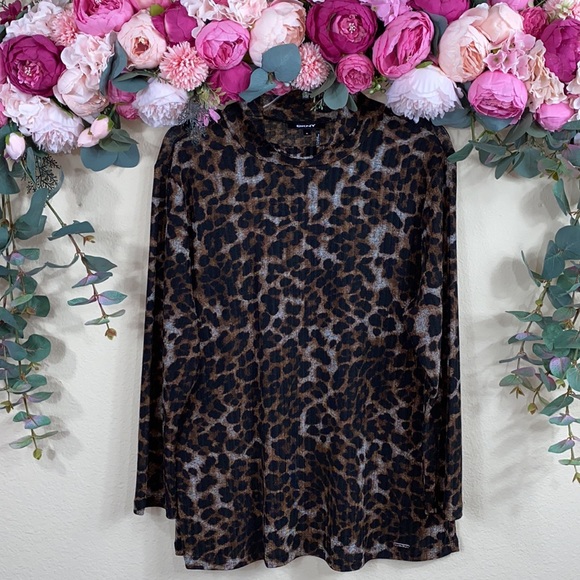 •DKNY• {ribbed} Mock-neck Semi-Sheer |lined| leopard print [long-sleeved] Top XL - Picture 12 of 14